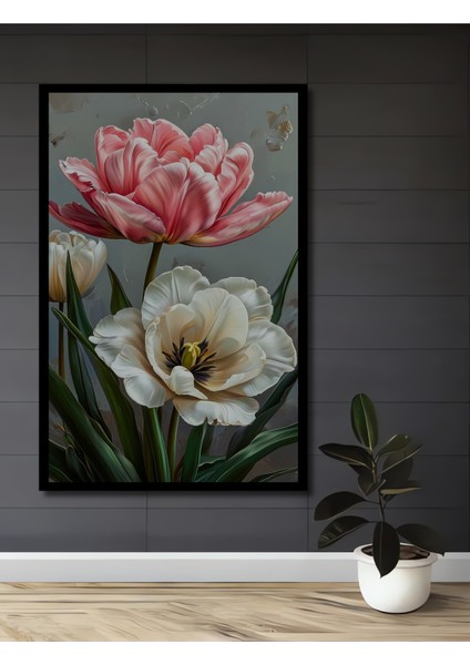 Romantik Lale Bahçesi Yağlı Boya Görünümlü Dekoratif Ahşap Tablo Dikdörtgen Tablo fiyatları