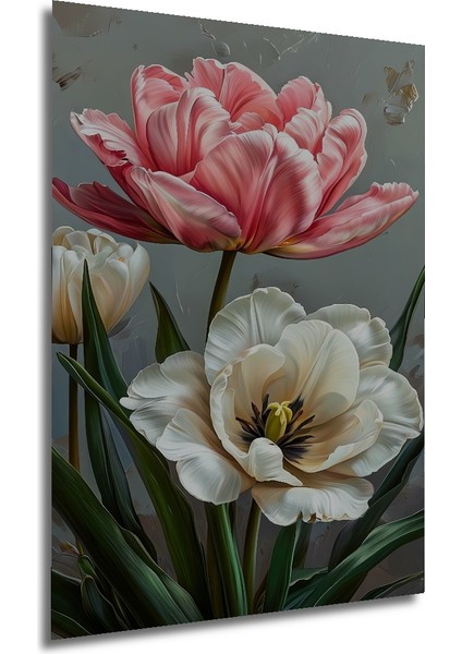 Romantik Lale Bahçesi Yağlı Boya Görünümlü Dekoratif Ahşap Tablo Dikdörtgen Tablo fırsatları