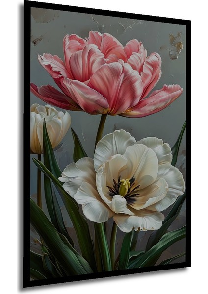 Romantik Lale Bahçesi Yağlı Boya Görünümlü Dekoratif Ahşap Tablo Dikdörtgen Tablo