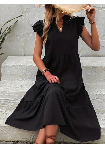 Kadın Kısa Kollu V Yakalı Geniş Kesim Uzun Trikoton Elbise