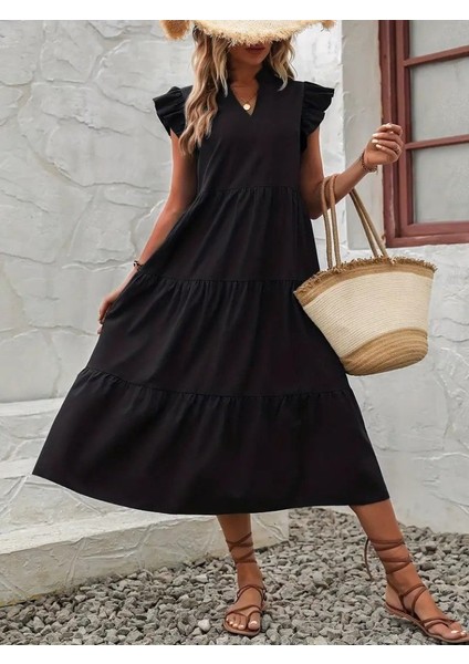 Kadın Kısa Kollu V Yakalı Geniş Kesim Uzun Trikoton Elbise fiyatları