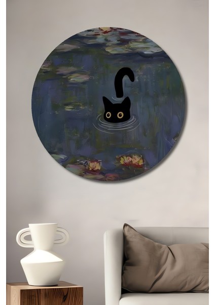 Siyah Kedi Su Zambakları Yağlı Boya Görünümlü Ahşap Dekoratif Tablo Yuvarlak Tablo
