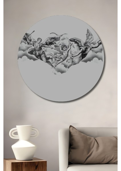 Klasik Sanat Melekler Kara Kalem Görünümlü Ahşap Dekoratif Tablo Yuvarlak Tablo
