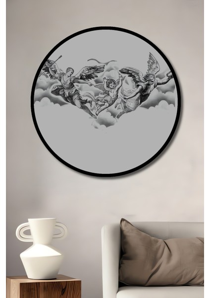 Klasik Sanat Melekler Kara Kalem Görünümlü Ahşap Dekoratif Tablo Yuvarlak Tablo fiyatları