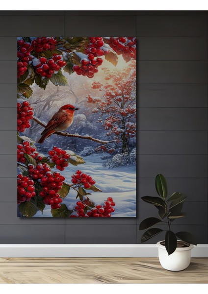 Kış Kuşu Orman Gülü Yağlı Boya Görünümlü Dekoratif Ahşap Tablo Dikdörtgen Tablo