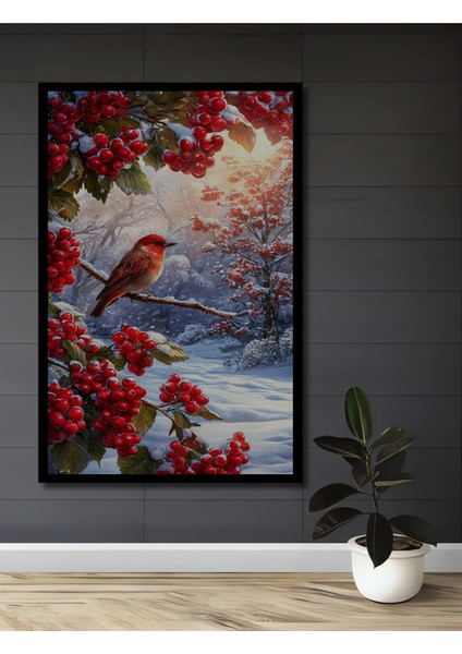Kış Kuşu Orman Gülü Yağlı Boya Görünümlü Dekoratif Ahşap Tablo Dikdörtgen Tablo fiyatları