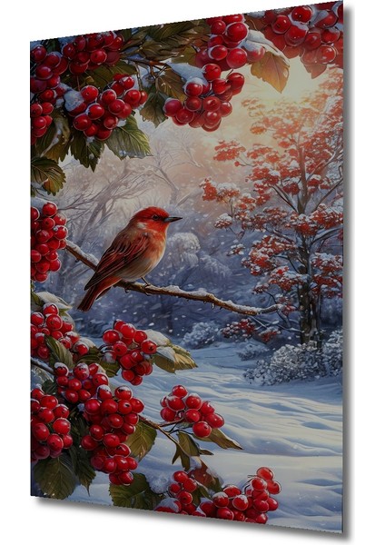 Kış Kuşu Orman Gülü Yağlı Boya Görünümlü Dekoratif Ahşap Tablo Dikdörtgen Tablo modelleri