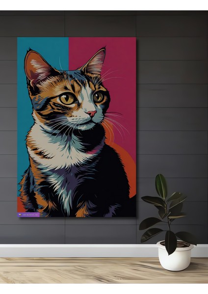 Pop Art Kedi Yağlı Boya Görünümlü Ahşap Dekoratif Tablo Dikdörtgen Tablo