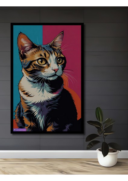 Pop Art Kedi Yağlı Boya Görünümlü Ahşap Dekoratif Tablo Dikdörtgen Tablo fiyatları