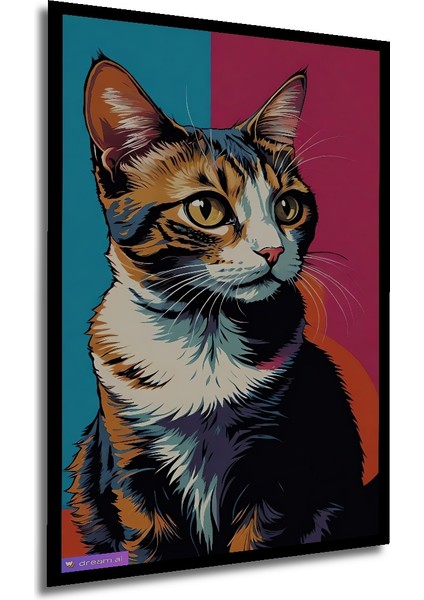 Pop Art Kedi Yağlı Boya Görünümlü Ahşap Dekoratif Tablo Dikdörtgen Tablo