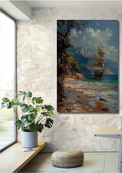 Deniz Kenarında Yağlı Boya Görünümlü Gemi Manzarası Dekoratif Ahşap Tablo Dikdörtgen Tablo