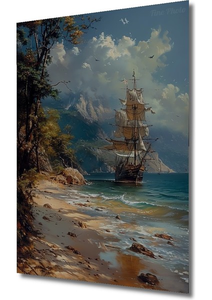 Deniz Kenarında Yağlı Boya Görünümlü Gemi Manzarası Dekoratif Ahşap Tablo Dikdörtgen Tablo modelleri
