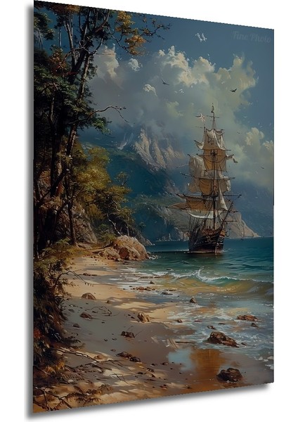 Deniz Kenarında Yağlı Boya Görünümlü Gemi Manzarası Dekoratif Ahşap Tablo Dikdörtgen Tablo fırsatları