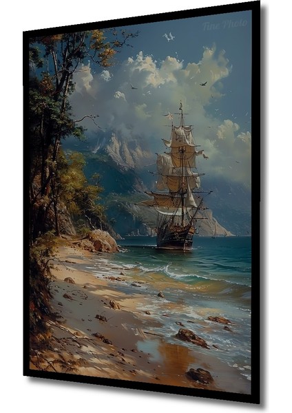 Deniz Kenarında Yağlı Boya Görünümlü Gemi Manzarası Dekoratif Ahşap Tablo Dikdörtgen Tablo indirimleri