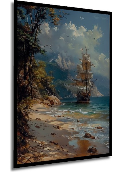 Deniz Kenarında Yağlı Boya Görünümlü Gemi Manzarası Dekoratif Ahşap Tablo Dikdörtgen Tablo