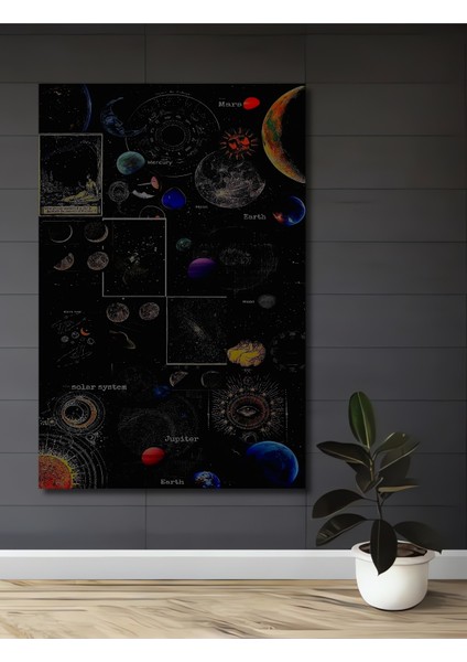 Kara Kalem Görünümlü Ahşap Dekoratif Tablo Evren Gezegeni Modern Sanat Dikdörtgen Tablo