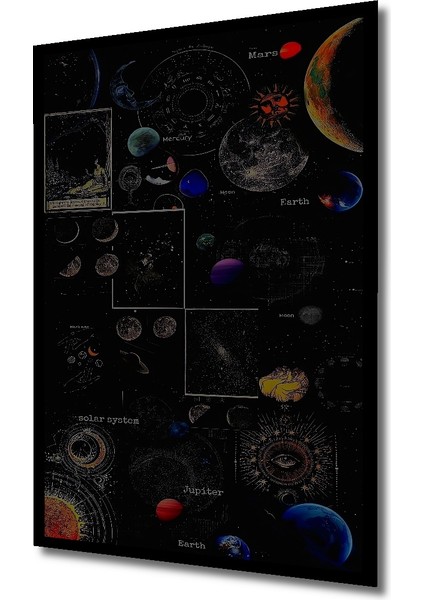 Kara Kalem Görünümlü Ahşap Dekoratif Tablo Evren Gezegeni Modern Sanat Dikdörtgen Tablo indirimleri
