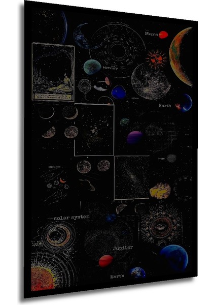 Kara Kalem Görünümlü Ahşap Dekoratif Tablo Evren Gezegeni Modern Sanat Dikdörtgen Tablo