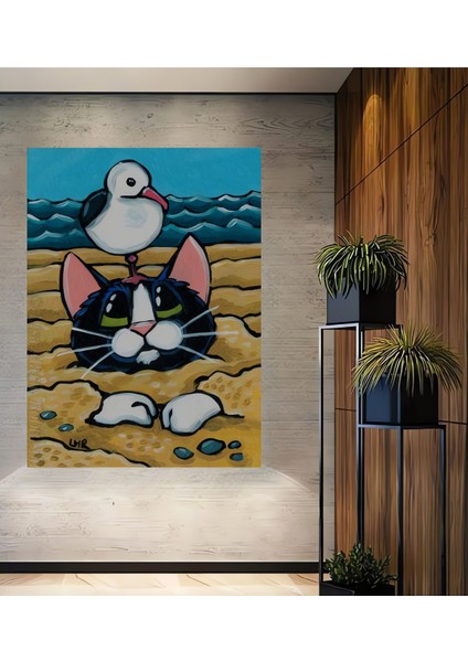 Komik Martı ve Kumdaki Kedi Yağlı Boya Görünümlü Dekoratif Ahşap Tablo Dikdörtgen Tablo