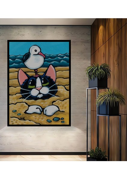 Komik Martı ve Kumdaki Kedi Yağlı Boya Görünümlü Dekoratif Ahşap Tablo Dikdörtgen Tablo fiyatları