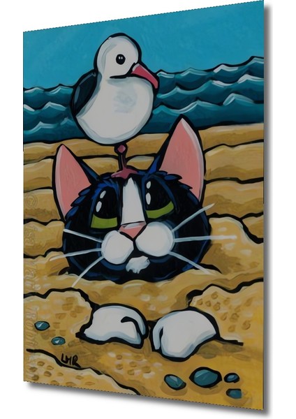 Komik Martı ve Kumdaki Kedi Yağlı Boya Görünümlü Dekoratif Ahşap Tablo Dikdörtgen Tablo modelleri