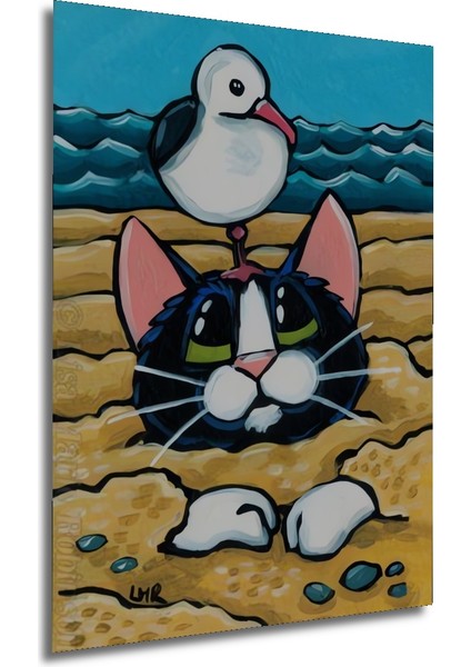 Komik Martı ve Kumdaki Kedi Yağlı Boya Görünümlü Dekoratif Ahşap Tablo Dikdörtgen Tablo fırsatları