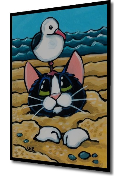 Komik Martı ve Kumdaki Kedi Yağlı Boya Görünümlü Dekoratif Ahşap Tablo Dikdörtgen Tablo indirimleri