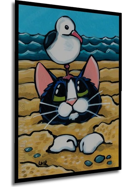 Komik Martı ve Kumdaki Kedi Yağlı Boya Görünümlü Dekoratif Ahşap Tablo Dikdörtgen Tablo