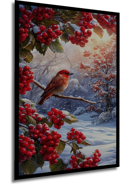 Kış Kuşu Orman Gülü Yağlı Boya Görünümlü Dekoratif Ahşap Tablo Dikdörtgen Tablo