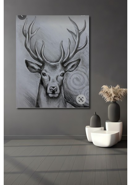 Geyik Kara Kalem Görünümlü Ahşap Dekoratif Tablo Dikdörtgen Tablo