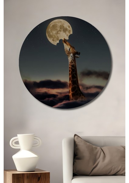 Ay Yiyen Zürafa Yağlı Boya Görünümlü Modern Sanat Ahşap Dekoratif Tablo Yuvarlak Tablo
