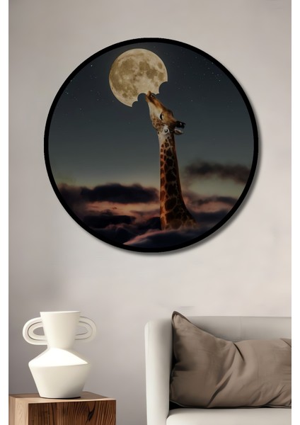 Ay Yiyen Zürafa Yağlı Boya Görünümlü Modern Sanat Ahşap Dekoratif Tablo Yuvarlak Tablo fiyatları