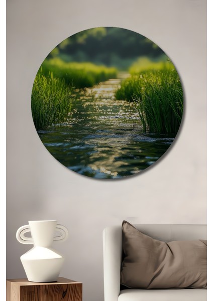 Yeşil Orman Deresi Sulu Boya Görünümlü Sanat Tablosu Yuvarlak Tablo