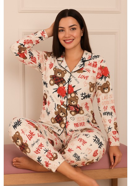 Kadın Ayıcık Desenli Desenli Önü Düğmeli Süet Pijama Takımı