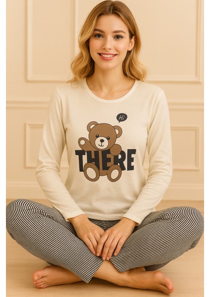 Kadın Ayıcık Baskılı ve Sloganlı Altı Desenli Bisiklet Yaka Uzun Kol Altı Uzun Penye Pijama Takımı