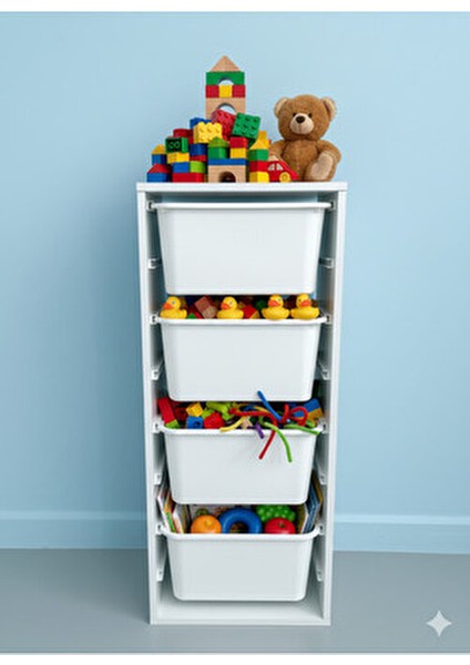 4 Çekmeceli Çok Amaçlı Oyuncak Dolabı ve Saklama Ünitesi – Çocuk Odası Düzenleyici Etiket Hediyeli