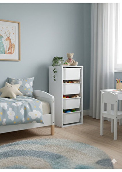 4 Çekmeceli Çok Amaçlı Oyuncak Dolabı ve Saklama Ünitesi – Çocuk Odası Düzenleyici Etiket Hediyeli