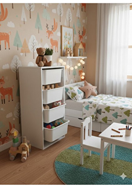 4 Çekmeceli Çok Amaçlı Oyuncak Dolabı ve Saklama Ünitesi – Çocuk Odası Düzenleyici Etiket Hediyeli