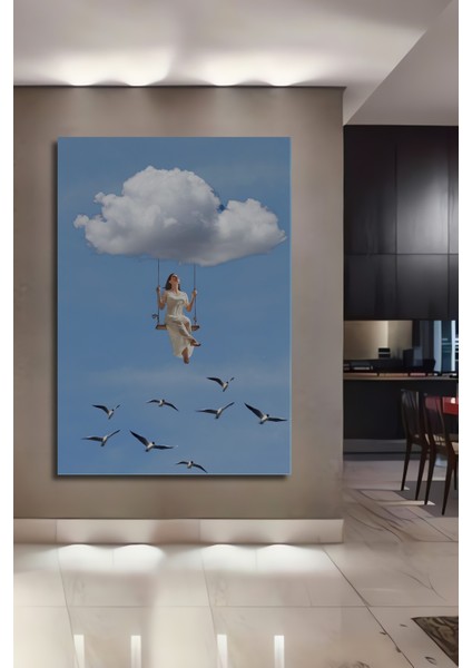 Gökyüzünde Salıncakta Mutluluk Yağlı Boya Görünümlü Ahşap Dekoratif Tablo Dikdörtgen Tablo