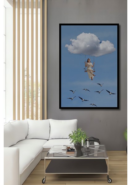 Gökyüzünde Salıncakta Mutluluk Yağlı Boya Görünümlü Ahşap Dekoratif Tablo Dikdörtgen Tablo fiyatları
