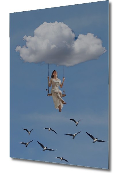 Gökyüzünde Salıncakta Mutluluk Yağlı Boya Görünümlü Ahşap Dekoratif Tablo Dikdörtgen Tablo modelleri