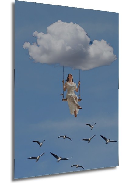 Gökyüzünde Salıncakta Mutluluk Yağlı Boya Görünümlü Ahşap Dekoratif Tablo Dikdörtgen Tablo fırsatları