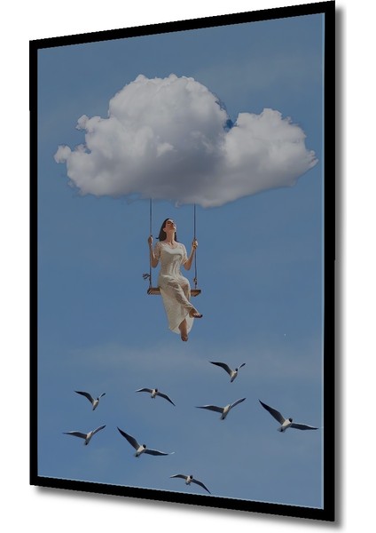 Gökyüzünde Salıncakta Mutluluk Yağlı Boya Görünümlü Ahşap Dekoratif Tablo Dikdörtgen Tablo indirimleri