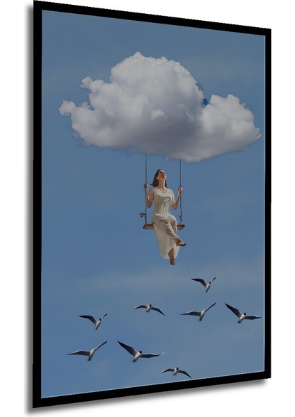 Gökyüzünde Salıncakta Mutluluk Yağlı Boya Görünümlü Ahşap Dekoratif Tablo Dikdörtgen Tablo