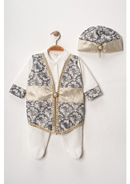 Erkek Bebek Şık Mevlütlük ve Sünnetlik Tulum ve Şapka Seti – Altın Işlemeli