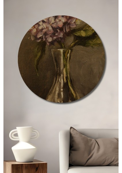 Romantik Yağlı Boya Görünümlü Ortanca Çiçeği Dekoratif Ahşap Tablo Yuvarlak Tablo