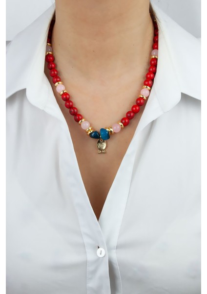 Balık Figürlü Kırmızı Turkuaz ve Pembe Kuartz Doğal Taş Kolye