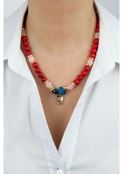 Balık Figürlü Kırmızı Turkuaz ve Pembe Kuartz Doğal Taş Kolye fiyatları