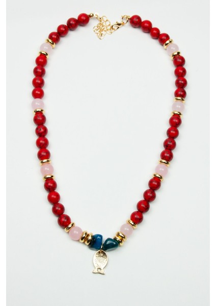 Balık Figürlü Kırmızı Turkuaz ve Pembe Kuartz Doğal Taş Kolye modelleri