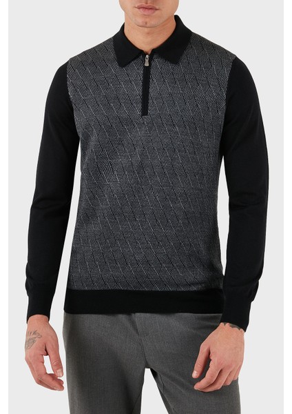 Desenli Yün ve Pamuk Karışımlı Slim Fit Yarım Fermuarlı Polo Yaka Kazak Erkek Kazak 57137 13126 099